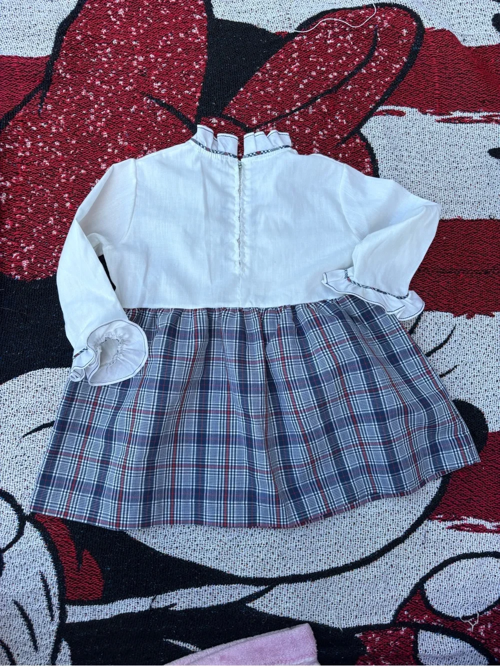 VINTAGE 70s PRAIRIE RUFFLE FRONT PLAID SKIRT GIRLS SIZE 2T? ADORABLE HOLIDAY